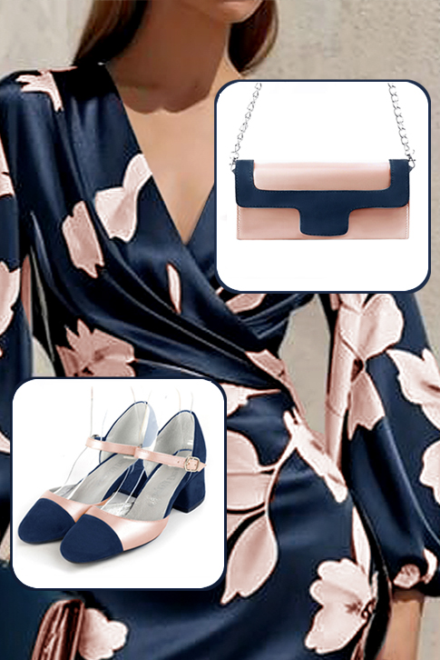 Women's navy blue and powder pink elegant closed-back heels, with an instep strap. Round toe. Low flare heels - Worn view